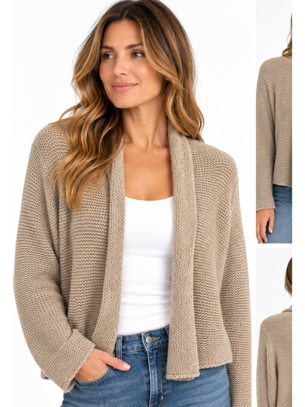 Eileen Fisher XL Italian Yarn Wool Cashmere Angora Open Front Cardigan Taupe